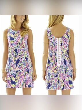 Lilly Pulitzer Cathy Shift Dress (Sz 10) Indigo Palm Reader Cotton Mini Hot Pink